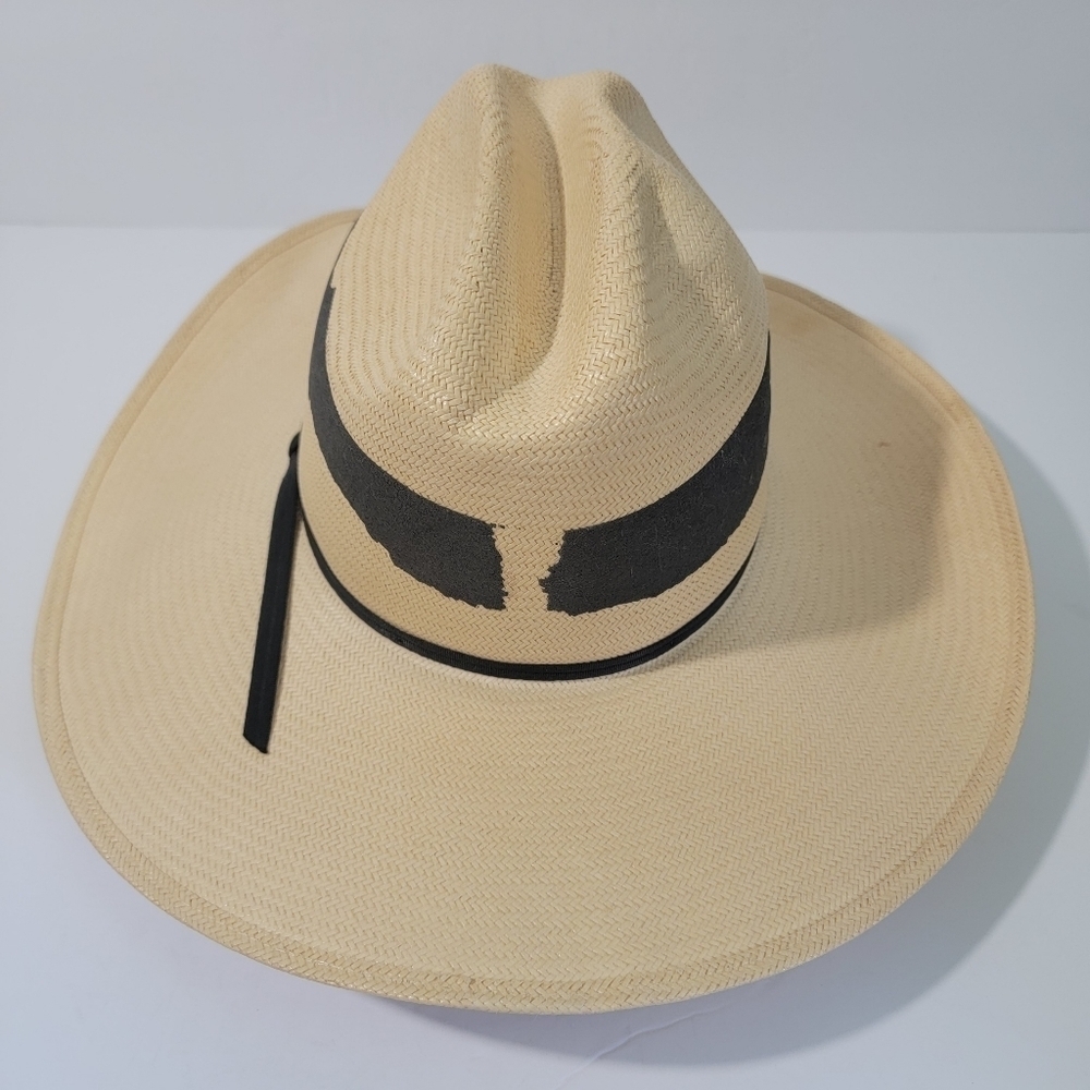 Larry Mahan The Corral By Milano Hat Tan Bandido 100% Straw Hat 6/8-55 Long Oval - Picture 2 of 12